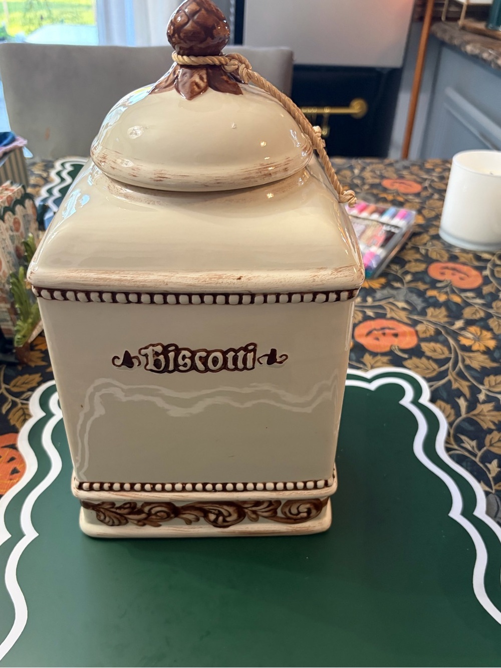 Biscotti Ceramic Canister in Cream with Brown Trim